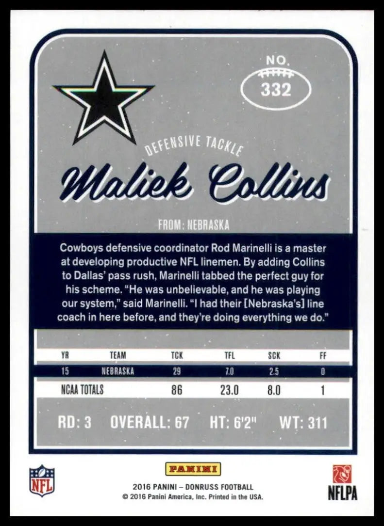 2016 Donruss Rookie Maliek Collins #332 Dallas Cowboys Football Card NFL Sports - Football Card Single