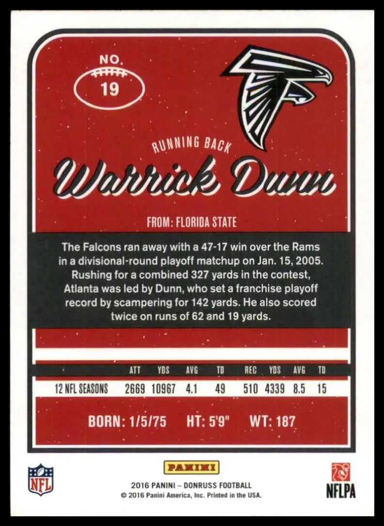 2016 Donruss Warrick Dunn #19 Atlanta Falcons Football Card NFL Sports - Football Card Single