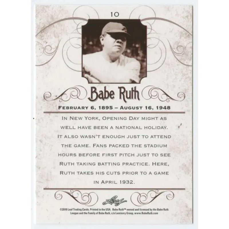 2016 Leaf Babe Ruth Collection #10 Babe Ruth NM-MT Baseball Card - Baseball Card Single