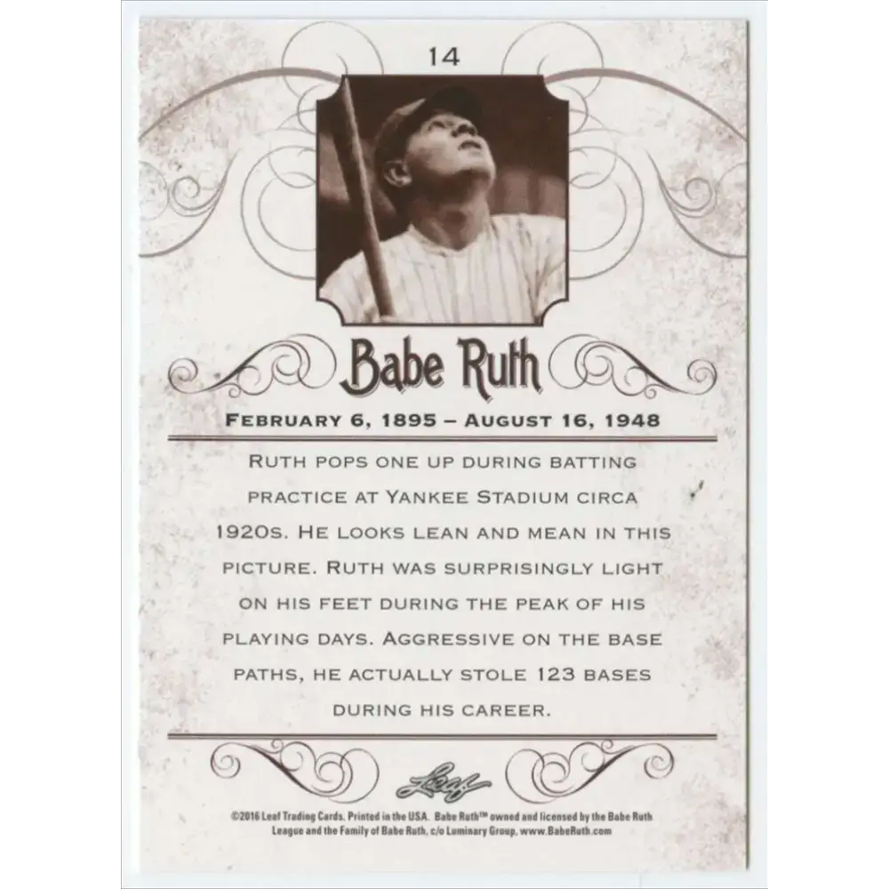 2016 Leaf Babe Ruth Collection #14 Babe Ruth NM-MT Baseball Card - Baseball Card Single
