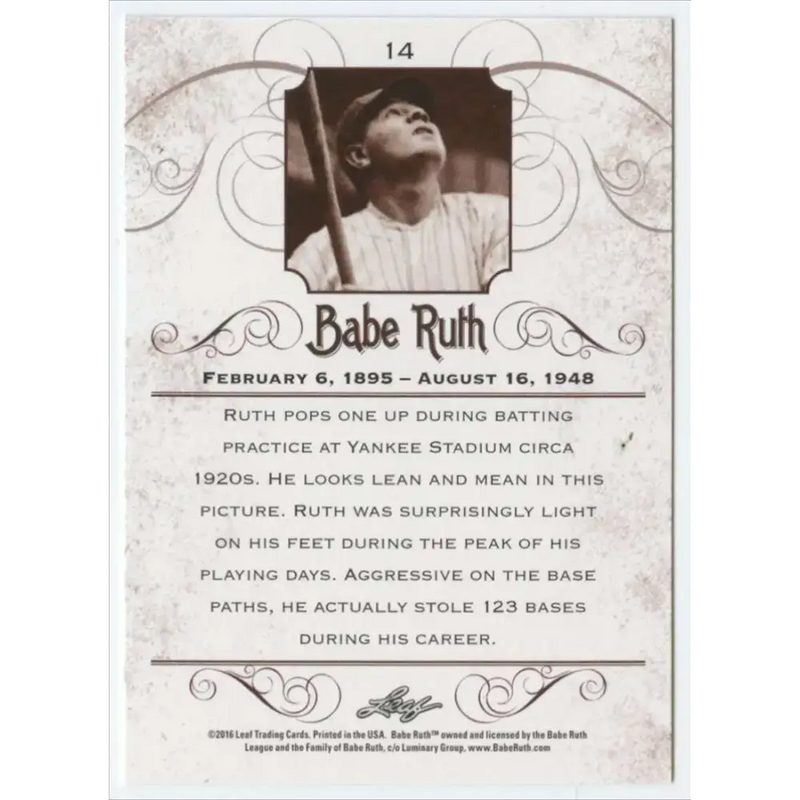 2016 Leaf Babe Ruth Collection #14 Babe Ruth NM-MT Baseball Card - Baseball Card Single