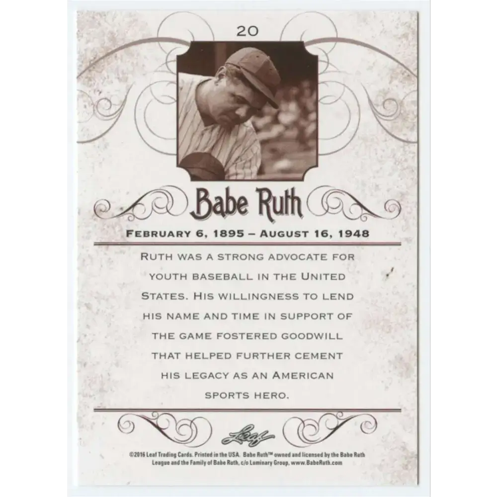 2016 Leaf Babe Ruth Collection #20 Babe Ruth NM-MT Baseball Card - Baseball Card Single