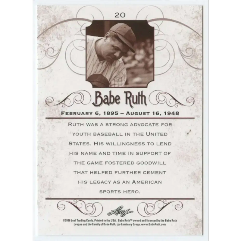 2016 Leaf Babe Ruth Collection #20 Babe Ruth NM-MT Baseball Card - Baseball Card Single