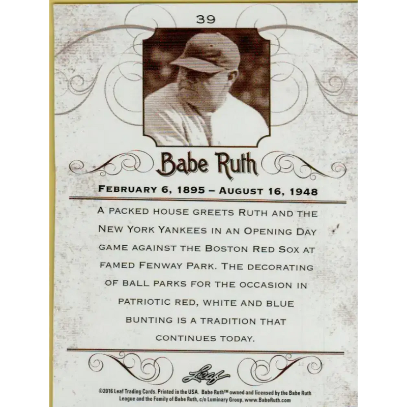 2016 Leaf Babe Ruth Collection #39 Babe Ruth NM-MT Baseball Card - Baseball Card Single