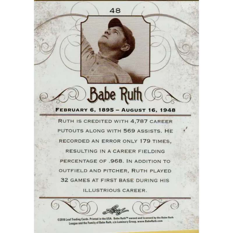 2016 Leaf Babe Ruth Collection #48 Babe Ruth NM-MT Baseball Card - Baseball Card Single