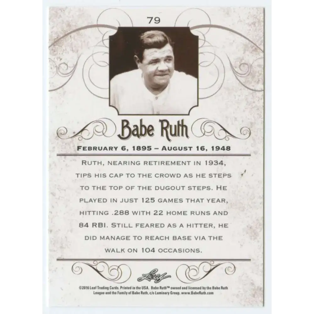 2016 Leaf Babe Ruth Collection #79 Babe Ruth NM-MT Baseball Card - Baseball Card Single