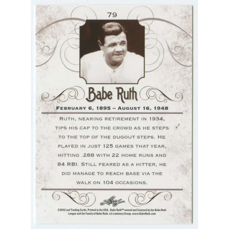 2016 Leaf Babe Ruth Collection #79 Babe Ruth NM-MT Baseball Card - Baseball Card Single