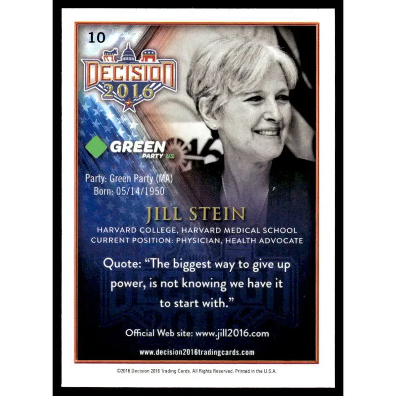 2016 Leaf Decision 2016 #10 Jill Stein NM-MT Political Trading Card - Non-Sports Card Single