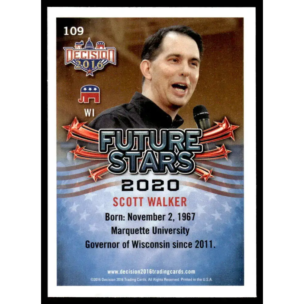 2016 Leaf Decision 2016 #109 Scott Walker NM-MT Political Trading Card - Non-Sports Card Single