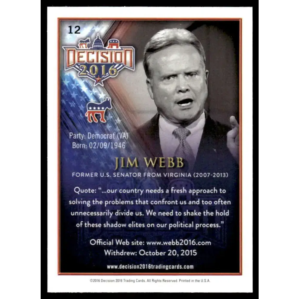 2016 Leaf Decision 2016 #12 Jim Webb NM-MT Political Trading Card - Non-Sports Card Single
