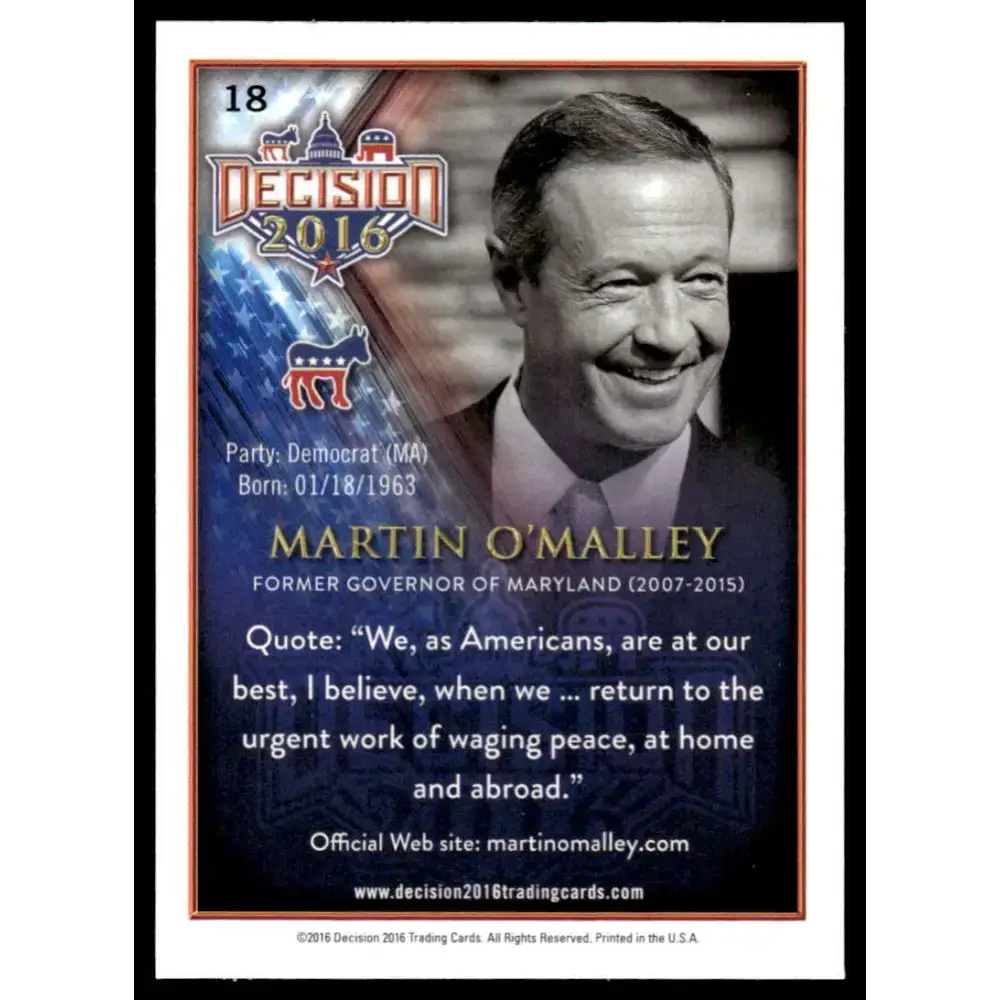 2016 Leaf Decision 2016 #18 Martin O’Malley NM-MT Political Trading Card - Non-Sports Card Single