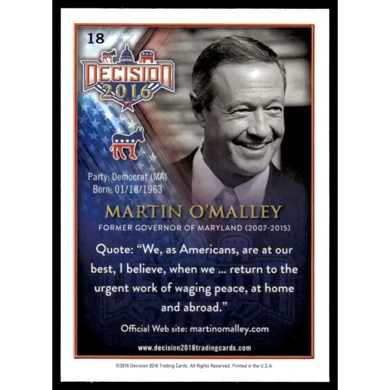 2016 Leaf Decision 2016 #18 Martin O’Malley NM-MT Political Trading Card - Non-Sports Card Single