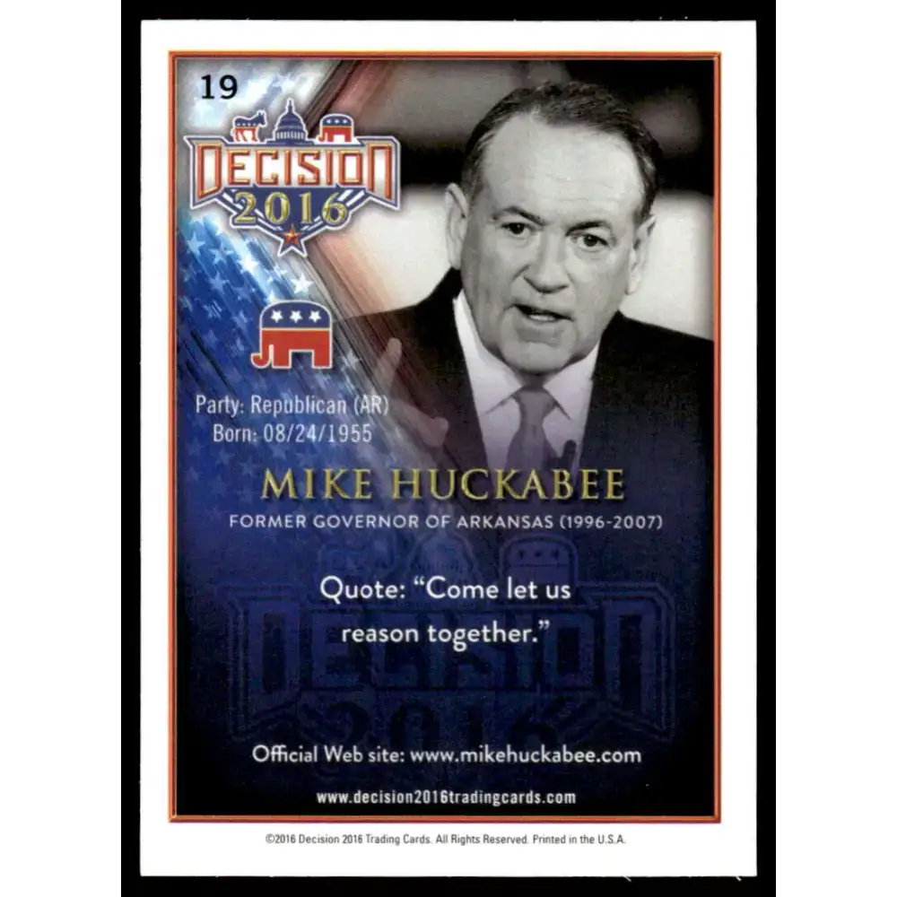 2016 Leaf Decision 2016 #19 Mike Huckabee NM-MT Political Trading Card - Political Trading Card Single
