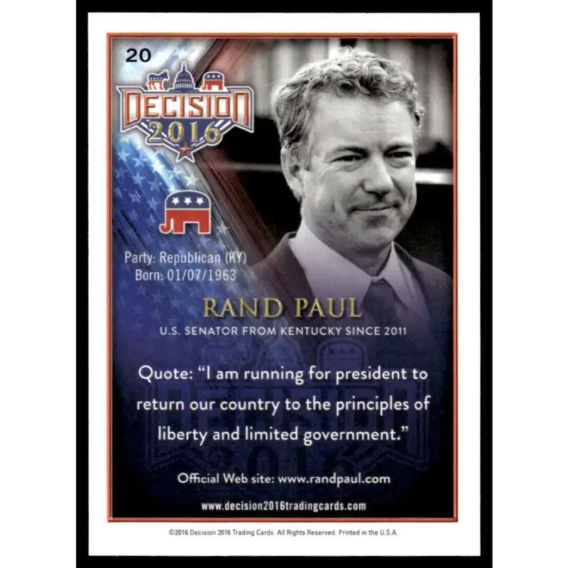 2016 Leaf Decision 2016 #20 Rand Paul NM-MT Political Trading Card - Political Trading Card Single