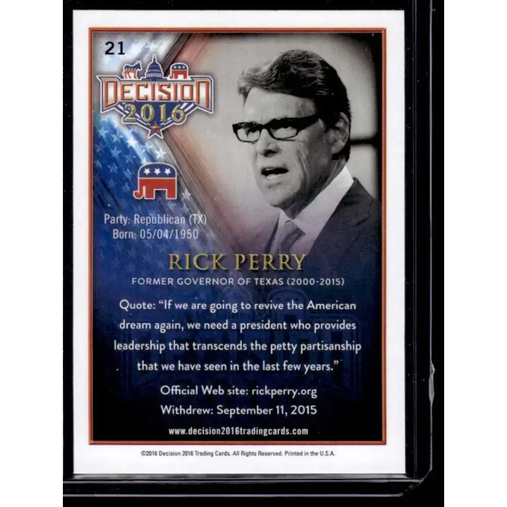 2016 Leaf Decision 2016 #21 Rick Perry NM-MT Political Trading Card - Non-Sports Card Single