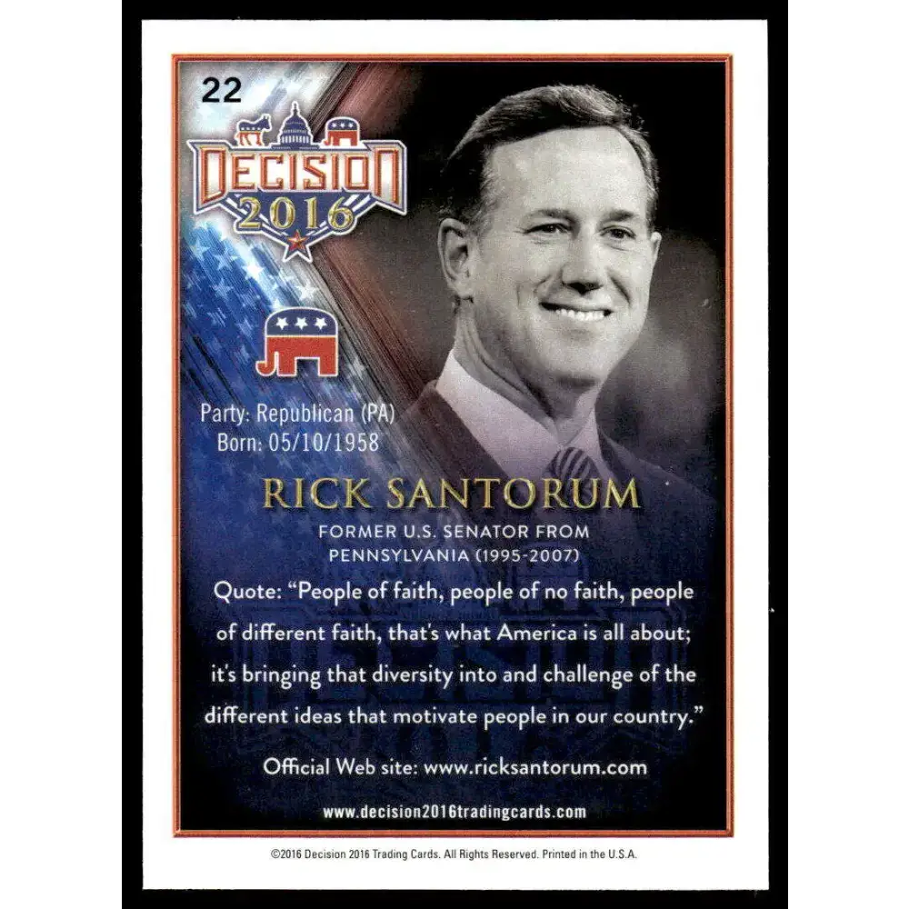 2016 Leaf Decision 2016 #22 Rick Santorum NM-MT Political Trading Card - Political Trading Card Single