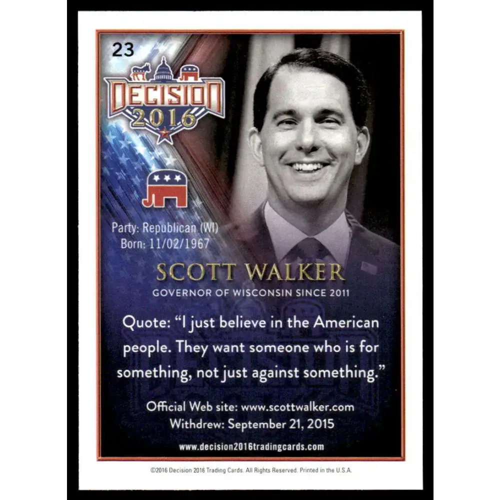 2016 Leaf Decision 2016 #23 Scott Walker NM-MT Political Trading Card - Non-Sports Card Single