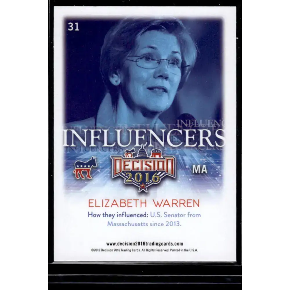 2016 Leaf Decision 2016 #31 Elizabeth Warren NM-MT Political Trading Card - Non-Sports Card Single