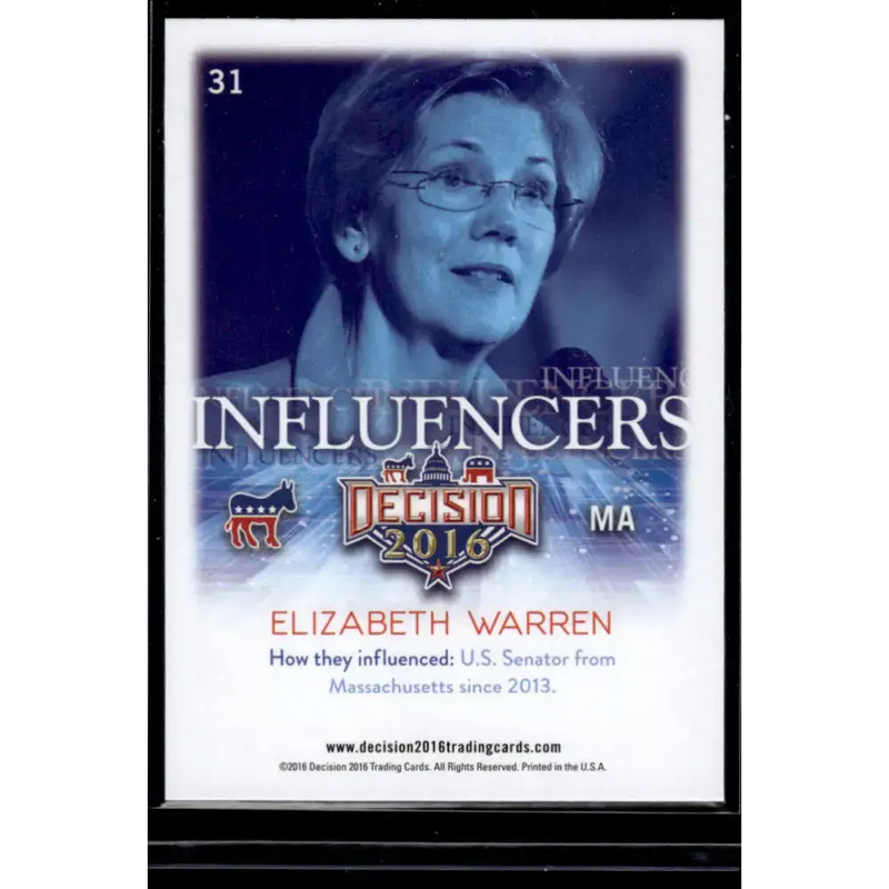 2016 Leaf Decision 2016 #31 Elizabeth Warren NM-MT Political Trading Card - Non-Sports Card Single
