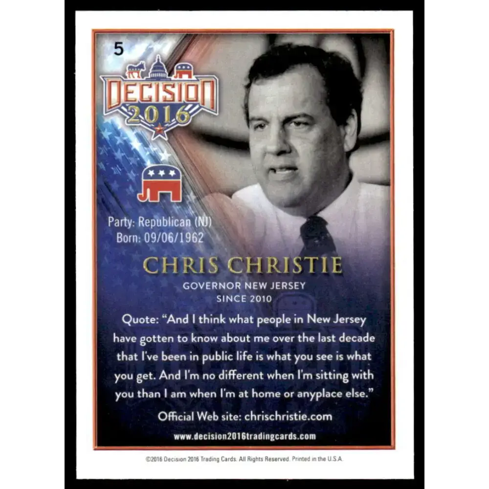 2016 Leaf Decision 2016 #5 Chris Christie NM-MT Political Trading Card - Non-Sports Card Single
