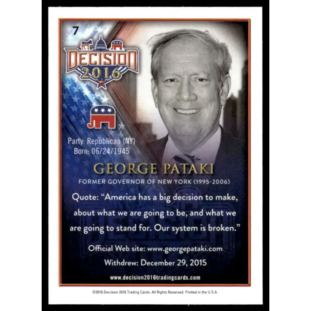 2016 Leaf Decision 2016 #7 George Pataki NM-MT Political Trading Card - Non-Sports Card Single