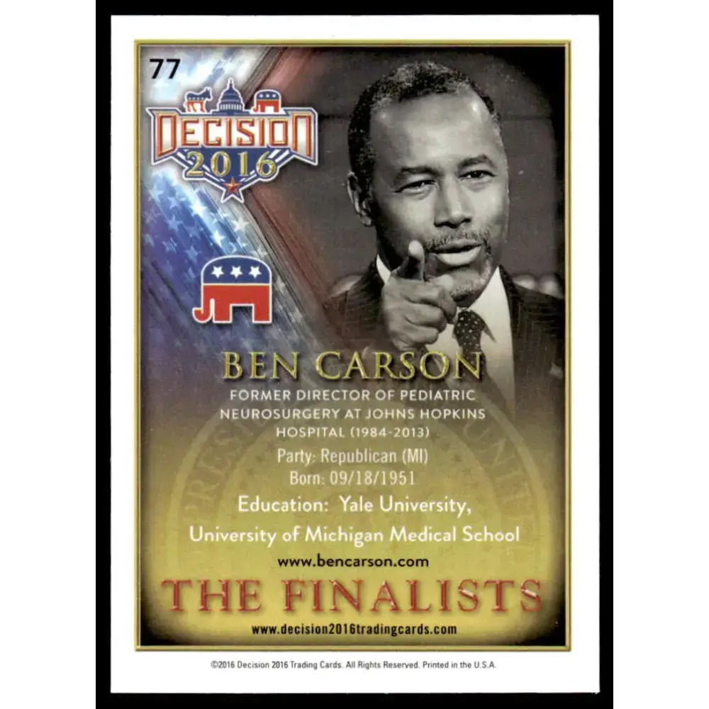 2016 Leaf Decision 2016 #77 Ben Carson NM-MT Political Trading Card - Non-Sports Card Single