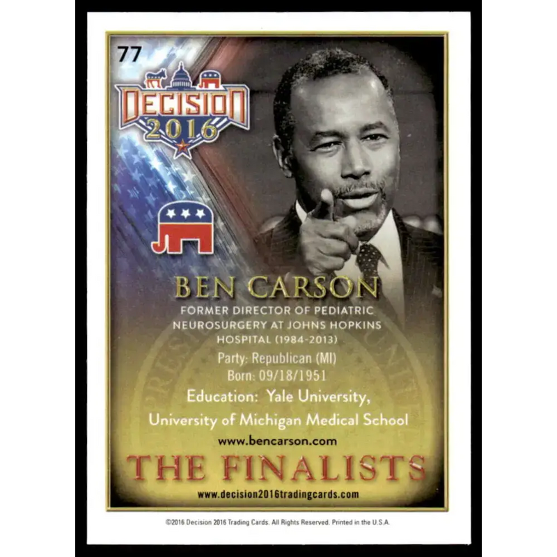 2016 Leaf Decision 2016 #77 Ben Carson NM-MT Political Trading Card - Non-Sports Card Single
