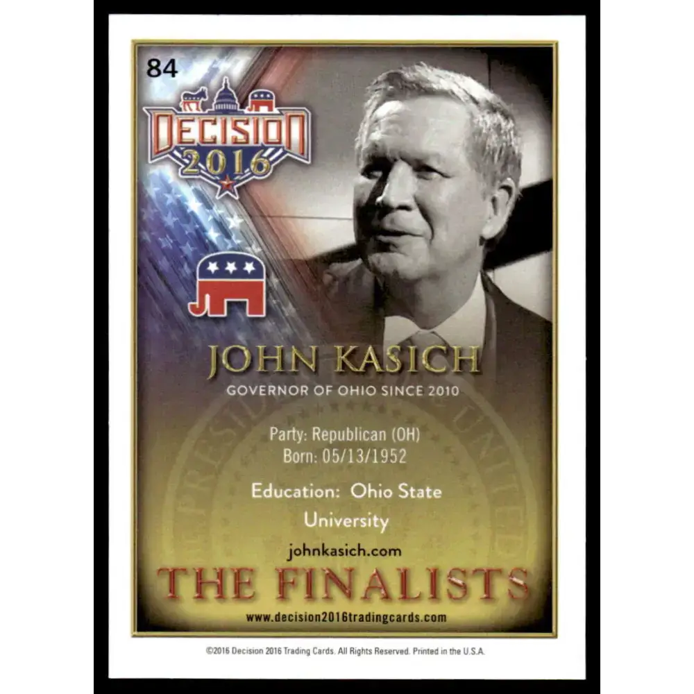 2016 Leaf Decision 2016 #84 John Kasich NM-MT Political Trading Card - Non-Sports Card Single