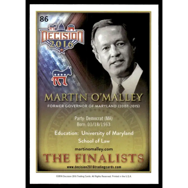 2016 Leaf Decision 2016 #86 Martin O’Malley NM-MT Political Trading Card - Non-Sports Card Single