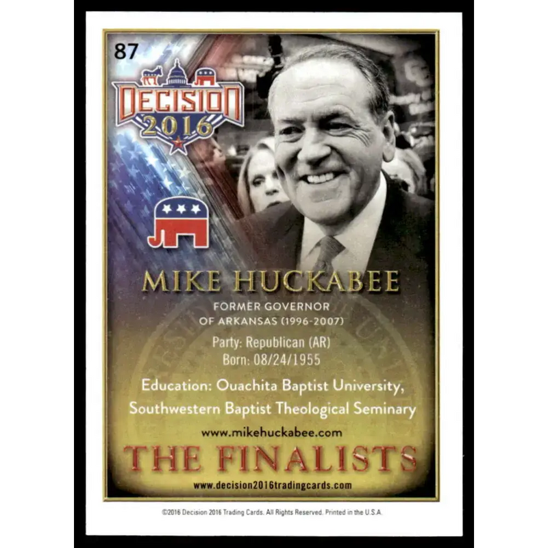 2016 Leaf Decision 2016 #87 Mike Huckabee NM-MT Political Trading Card - Non-Sports Card Single