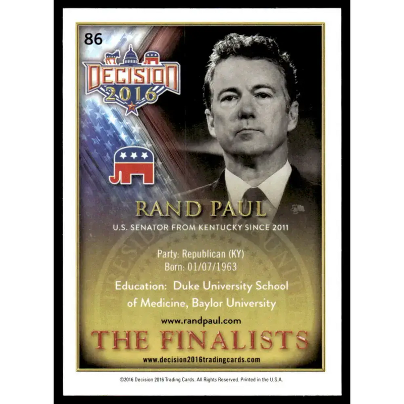 2016 Leaf Decision 2016 #88 Rand Paul NM-MT Political Trading Card - Non-Sports Card Single