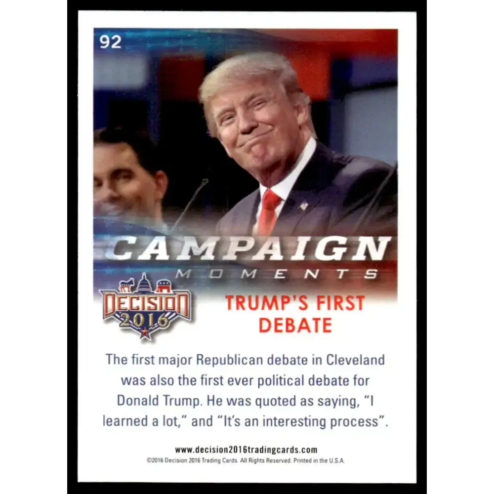 2016 Leaf Decision 2016 #92 Trump’s First Debate NM-MT Political Trading Card - Non-Sports Card Single