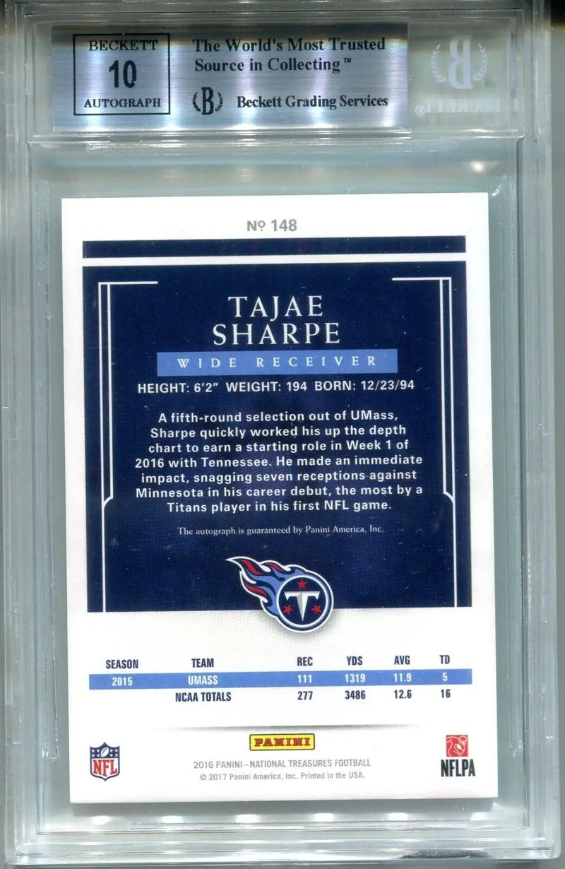 Graded Tajae Sharpe football card from 2016 National Treasures limited edition