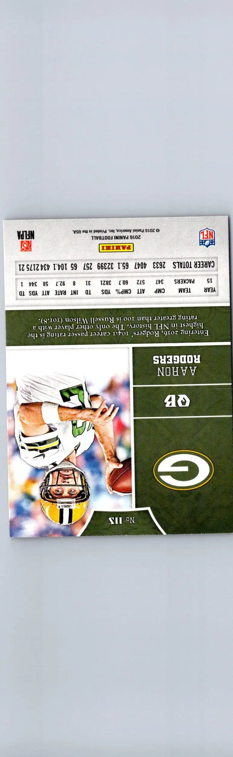 Green Bay Packers Aaron Rodgers trading card from 2016 Panini #115 collection