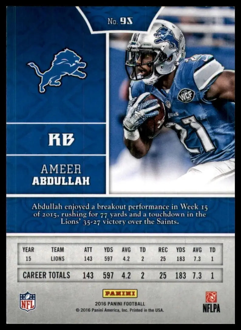2016 Panini Ameer Abdullah #95 Detroit Lions Football Card NFL Sports - Football Card Single