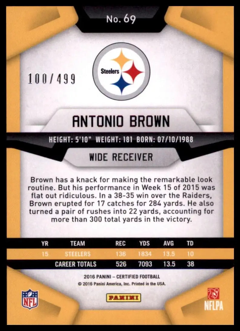 2016 Panini Certified - Antonio Brown #69 Mirror /499 - Football Card Single