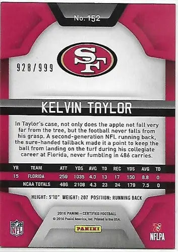 2016 Panini Certified Rookies #152 Kelvin Taylor NM-MT RC Rookie 928/999 49ers - Football Card Single