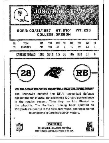 2016 Panini Classics #17 Jonathan Stewart NM-MT Panthers ID:6078 - Football Card Single