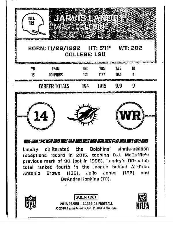 2016 Panini Classics #18 Jarvis Landry NM-MT Dolphins ID:6079 - Football Card Single