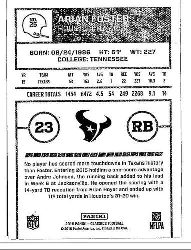 2016 Panini Classics #25 Arian Foster NM-MT Texans ID:6082 - Football Card Single