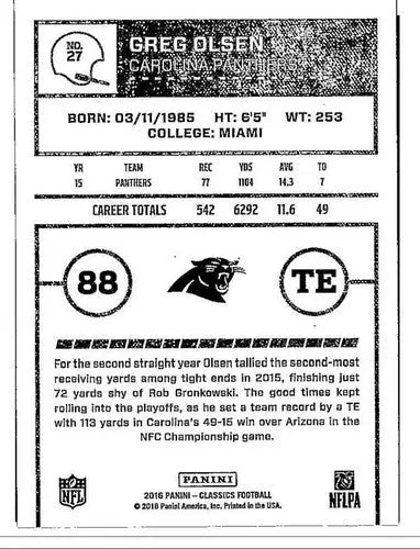 2016 Panini Classics #27 Greg Olsen NM-MT Panthers ID:6084 - Football Card Single