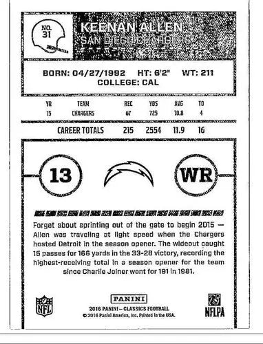 2016 Panini Classics #31 Keenan Allen NM-MT Chargers ID:6085 - Football Card Single