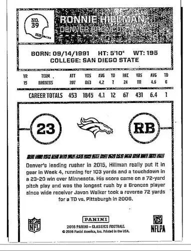 2016 Panini Classics #39 Ronnie Hillman NM-MT Broncos ID:6090 - Football Card Single