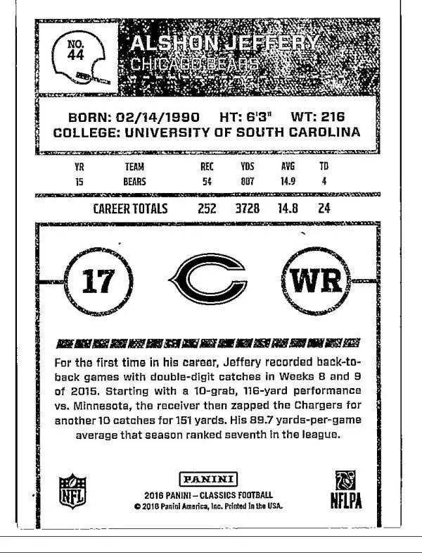 2016 Panini Classics #44 Alshon Jeffery NM-MT Bears ID:6092 - Football Card Single