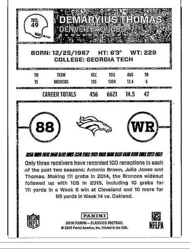 Original gloss of Demaryius Thomas football card from Panini Classics 2016 Broncos