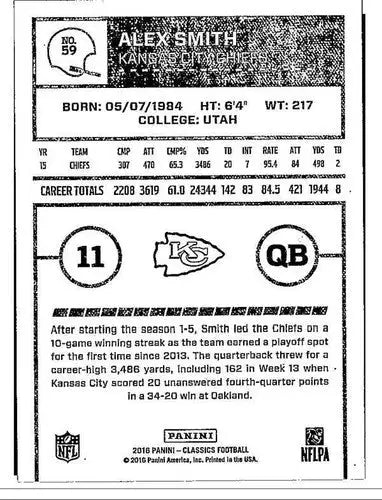 Original gloss Alex Smith football card from Panini Classics 2016 Chiefs collection