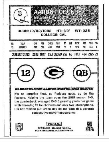 2016 Panini Classics #62 Aaron Rodgers NM-MT Packers - Football Card Single