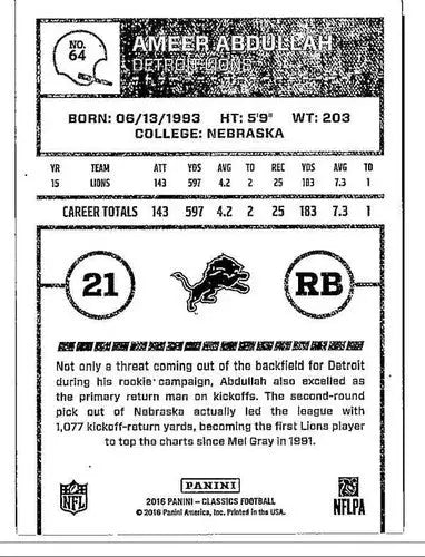 Ameer Abdullah football card from Panini Classics with original gloss in 2016 Lions series