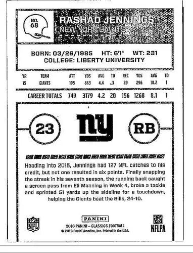 2016 Panini Classics #68 Rashad Jennings NM-MT NY Giants ID:6103 - Football Card Single