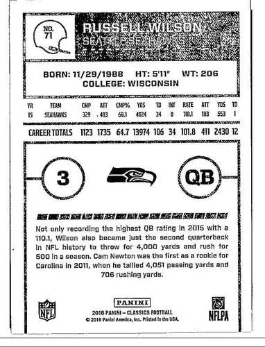 2016 Panini Classics #71 Russell Wilson NM-MT Seahawks ID:6105 - Football Card Single